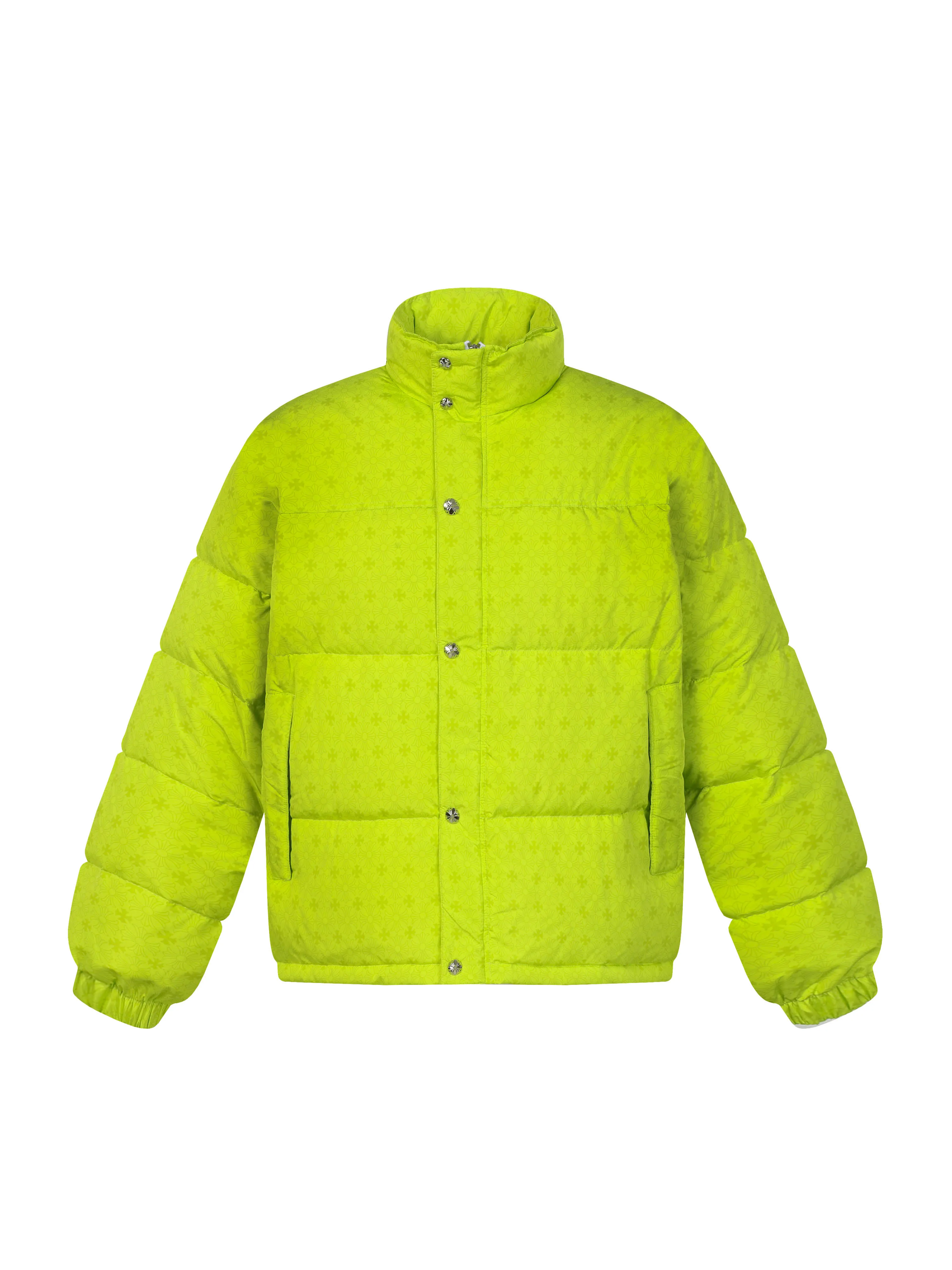 🅿️940 CH Crow Heart Dark Pattern Jacquard Down Jacket. High-quality and evenly filled down. The filling is full and even, ensuring good thermal insulation performance. The fabric adopts a unique dark pattern jacquard process, which makes the fabric visually present a rich layering and three-dimensional effect, which is both beautiful and fashionable. Use high-quality fabrics, special fabrics that are waterproof, stain-proof and breathable to ensure the practicality and comfort of the clothes. Paying attention to details, the sewing is excellent, the stitches are even and fine, and there are no skipped stitches or missing stitches, showing a superb level of workmanship. The padded Cronic heart is a brand feature, and its dark pattern design increases the beauty of the clothing. Designs such as windproof cuffs and adjustable hems improve the convenience and comfort of wearing. Zippers, buttons and other hardware accessories are made of high-quality materials. The surface is smooth and burr-free, making it smooth to use and durable. Color: black-white-fluorescent green-orange Size:S-M-L-XL